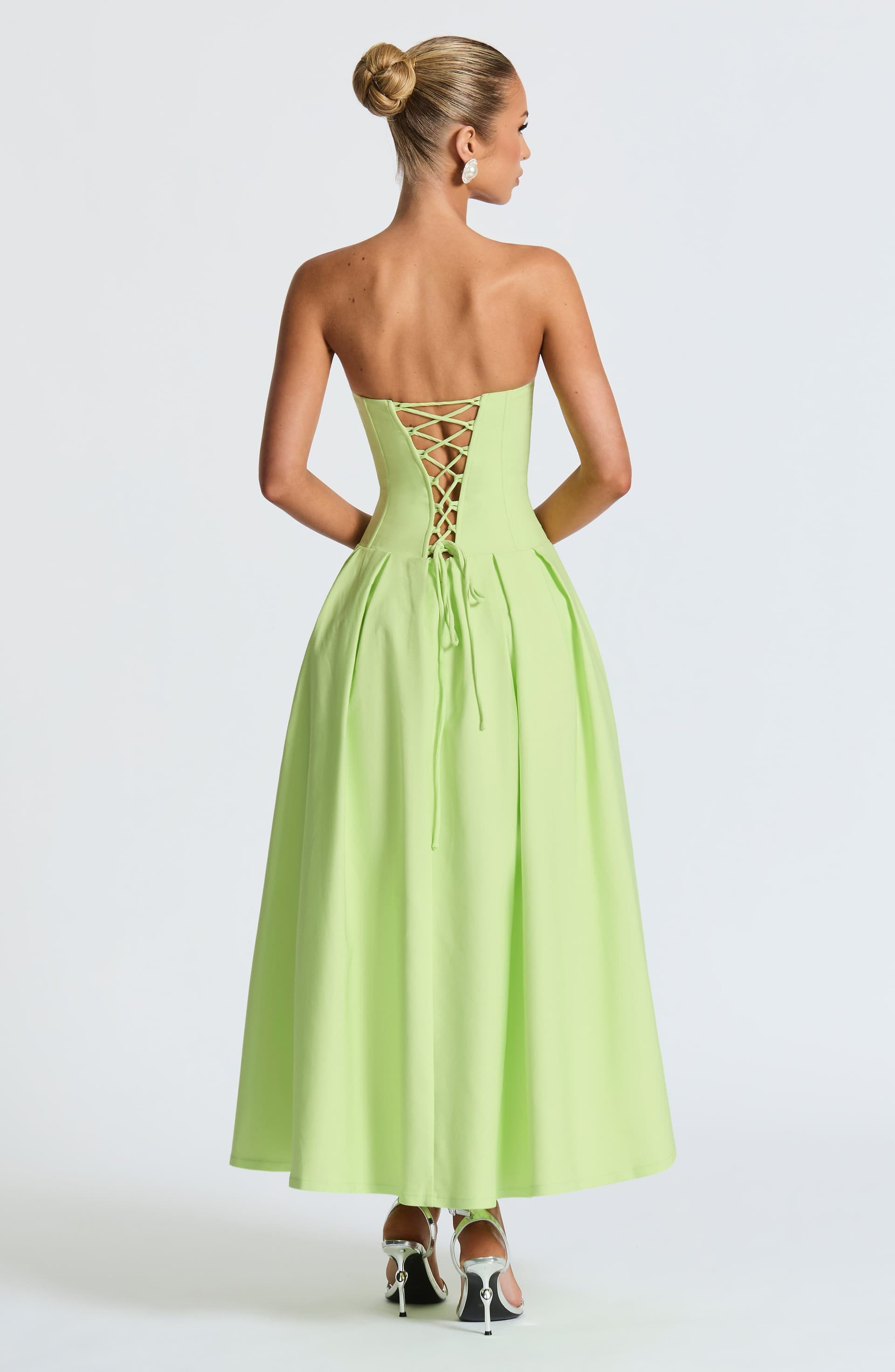 Salma Midi Dress Lime Green Stretch Bengaline Strapless Pleated Underwired
