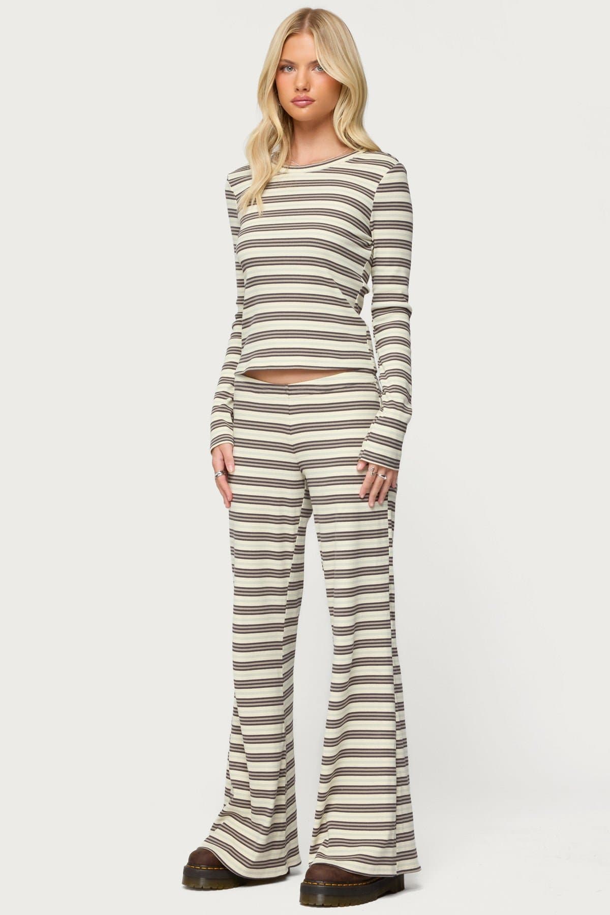 Avalie Striped Ribbed Loungewear Pants - Cotton Spandex, Size S Inseam 32.3in