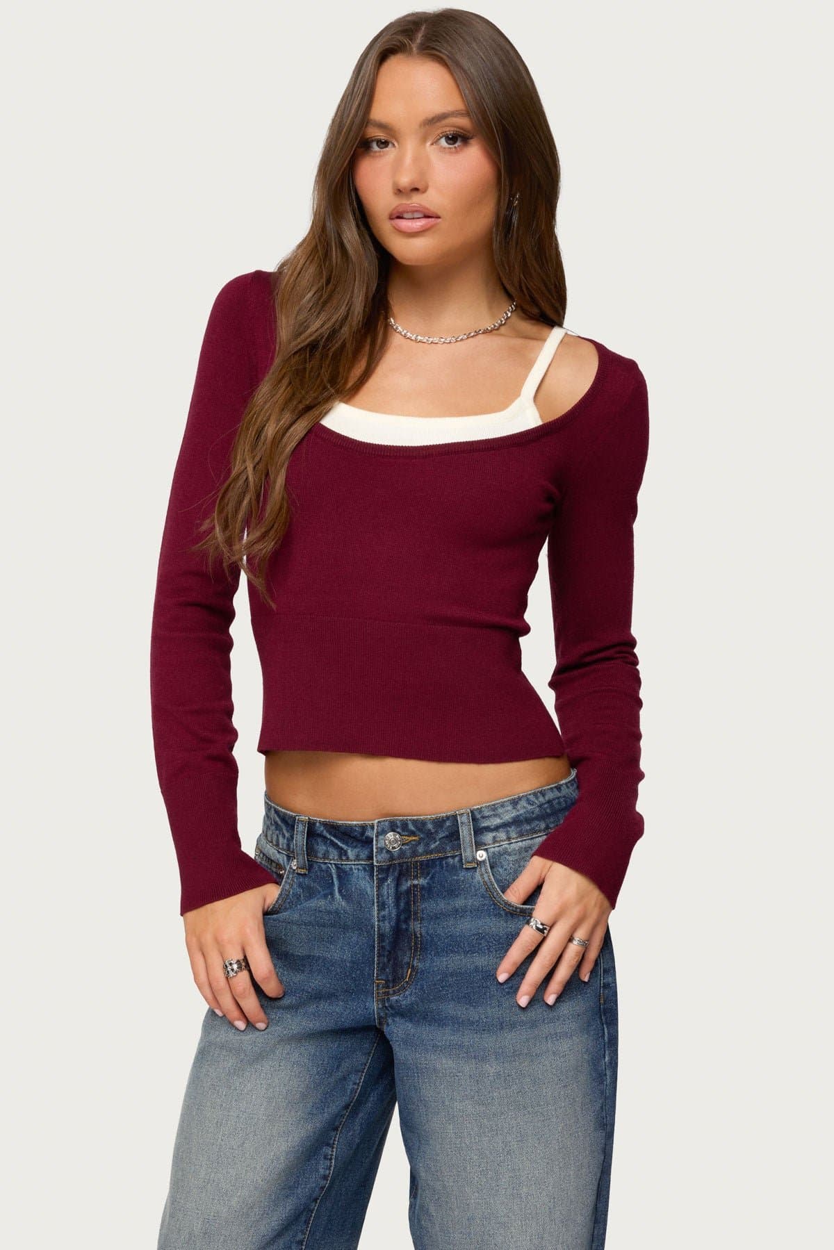 Cecile Layered Long Sleeve Top - Polyester Rayon Nylon Knit Contrast Tank Design