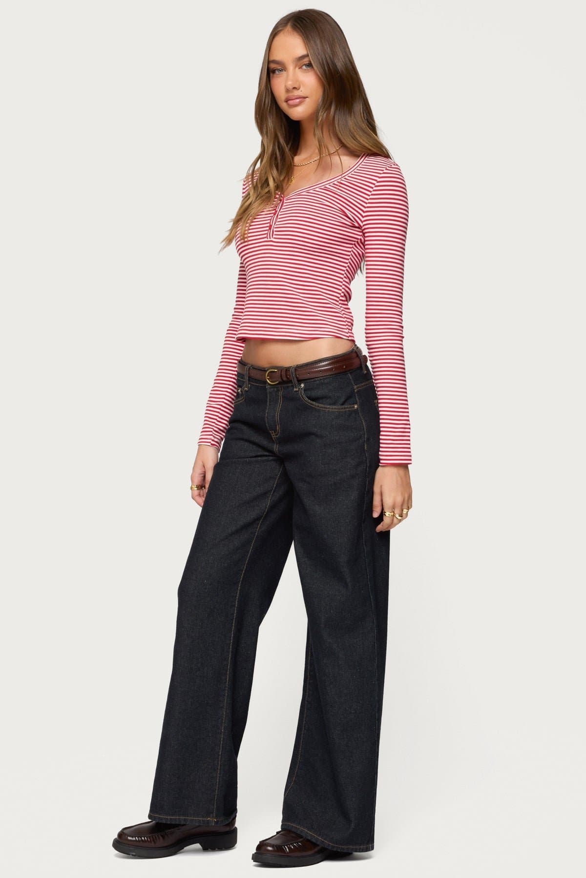 Jocelyn Striped Long Sleeve Top - Cotton Spandex Button Front