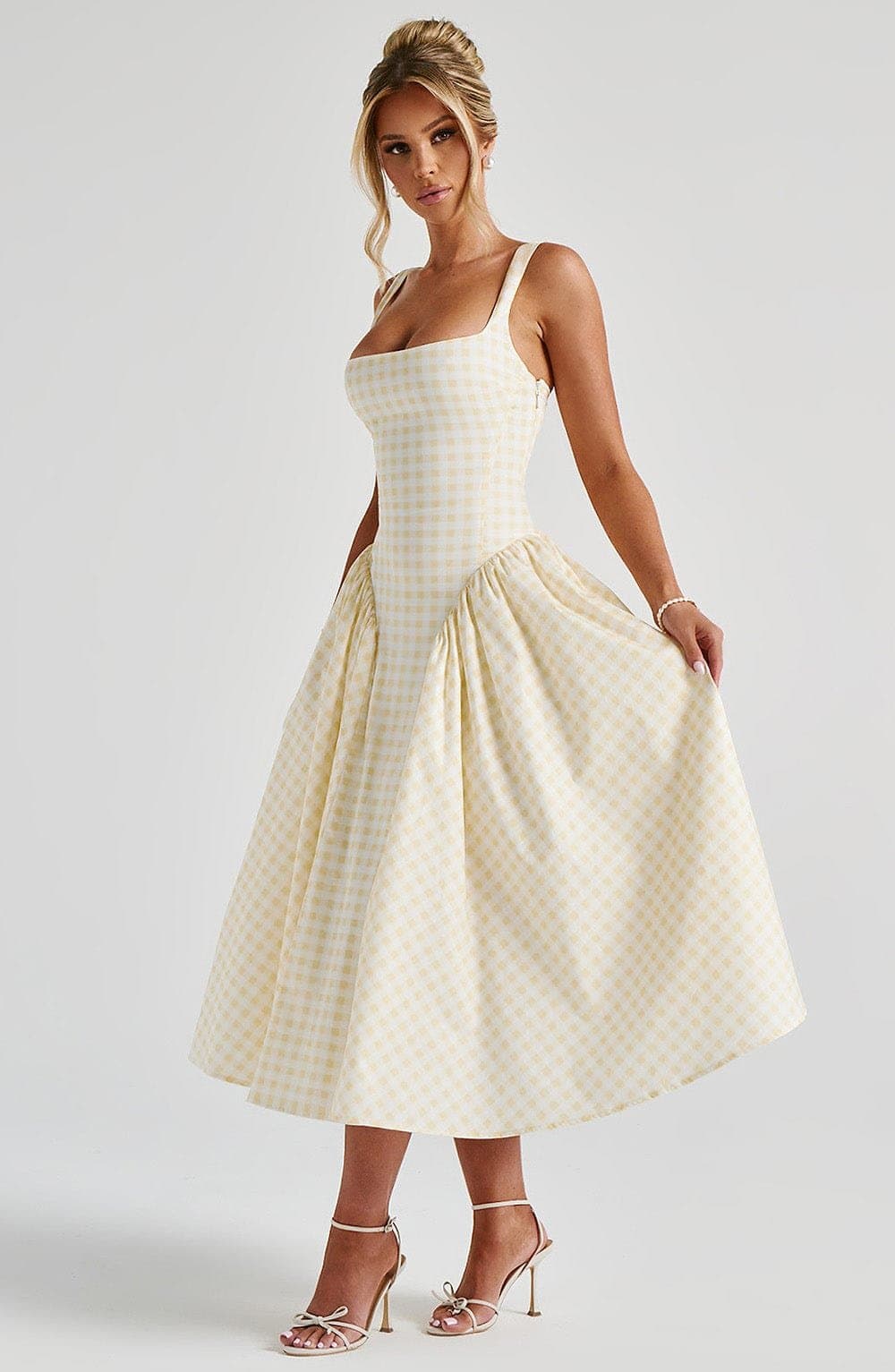 Sherrie Midi Dress in Lemon Gingham Print - Cotton Nylon Elastane Voile