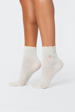 Petal Princess Socks - Floral Design Frill Hem Cotton Spandex Women's Ankle Socks 9.8in Length