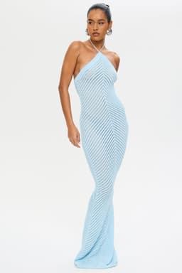 Baby Blue Knitted Maxi Dress - Halter Neck, Chevron Knit, Fit and Flare