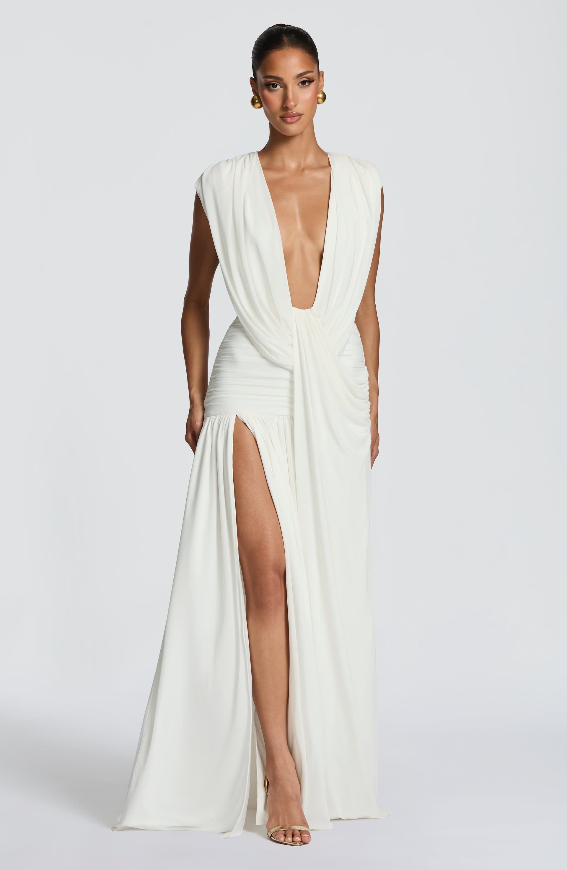 Romilly Gown - Ivory Mesh Maxi Dress with Plunge Neckline and Thigh-High Split