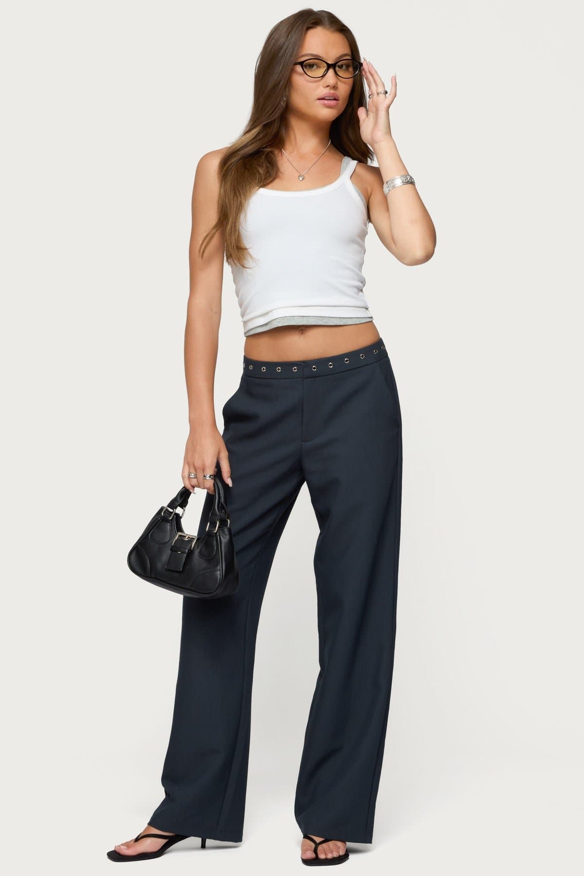 Ayve Eyelet Waist Straight Leg Pants - Polyester Rayon Spandex