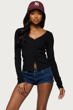 Tanya Button Up V-Neck Cardigan with Frilled Trim - Cotton Rayon Spandex