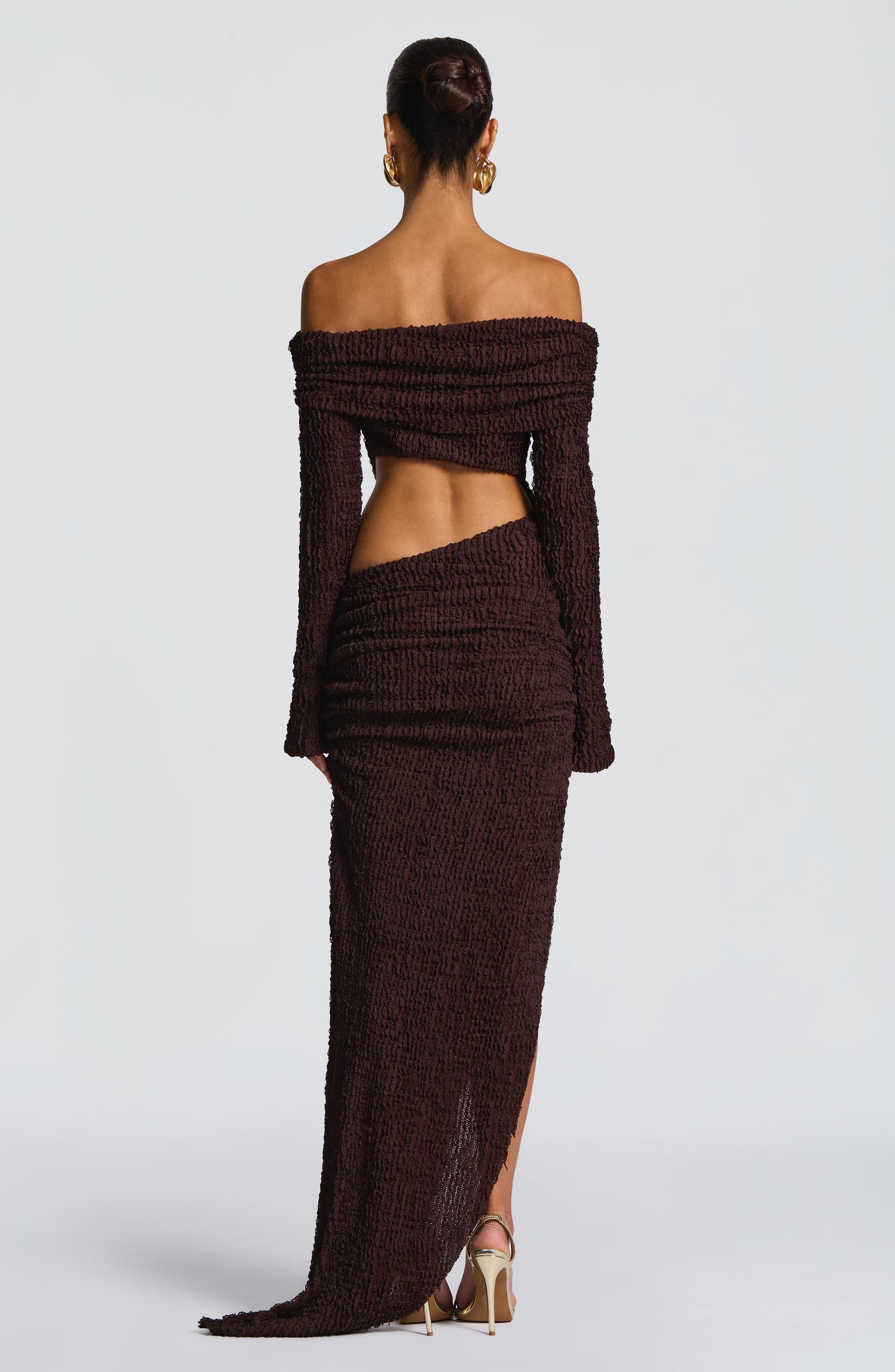 Adelphia Midi Dress Plum Brown Bardot Neckline Long Sleeve Asymmetric Skirt