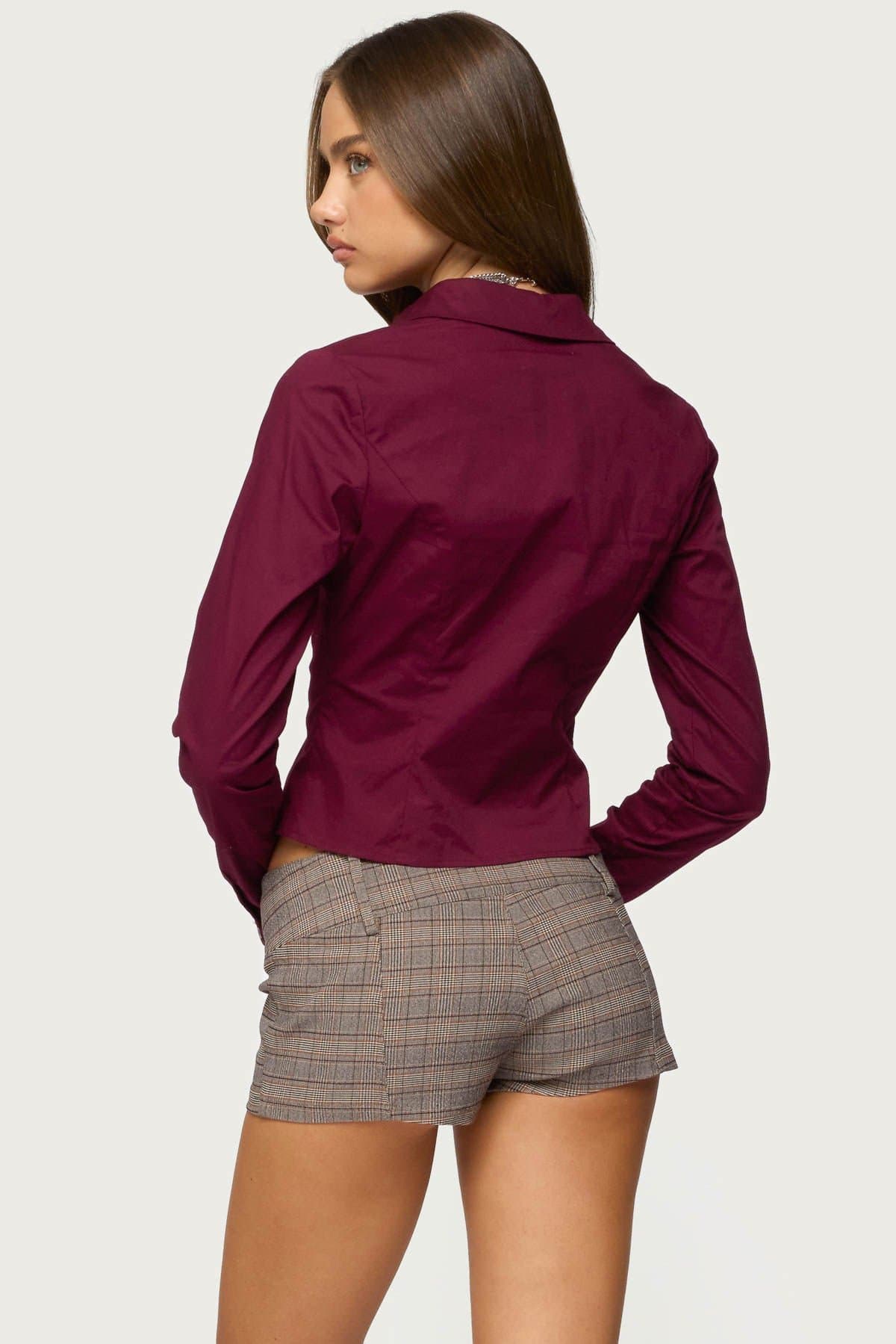 Laurna Tailored Button Up Shirt - Long Sleeve Cotton Spandex with Underbust Ruching