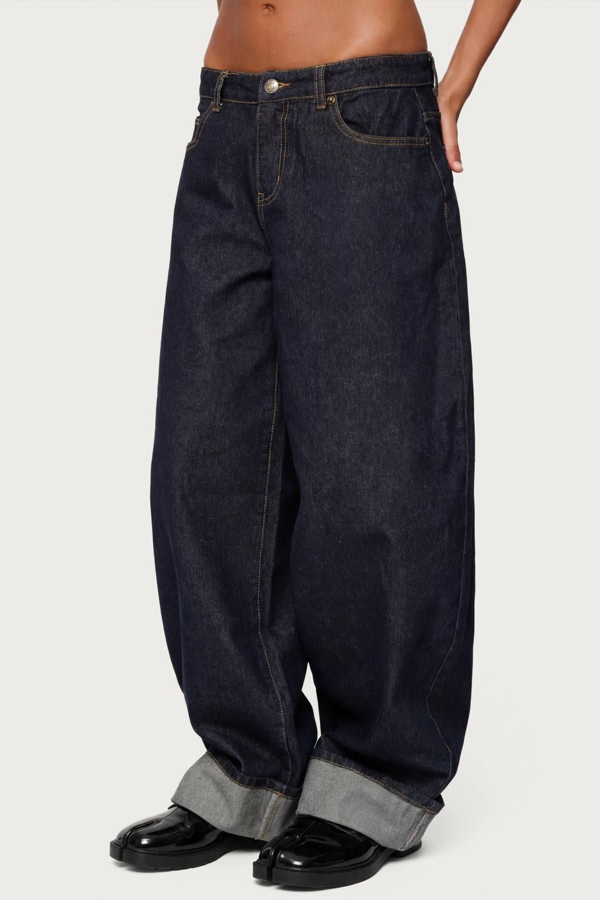 Kella Low Rise Baggy Jeans - Rigid 100% Cotton Denim with Cuffed Hem Size S Inseam 30.5"