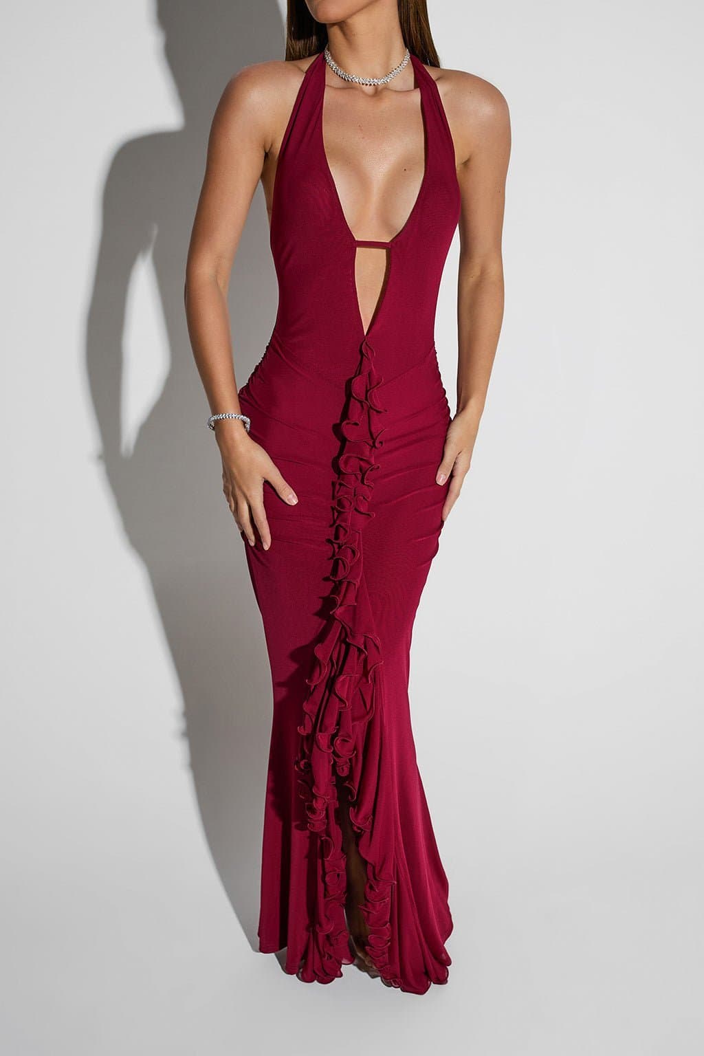 Rossi Maxi Dress Bodycon Fit Deep V Neckline Ruffle Details Black