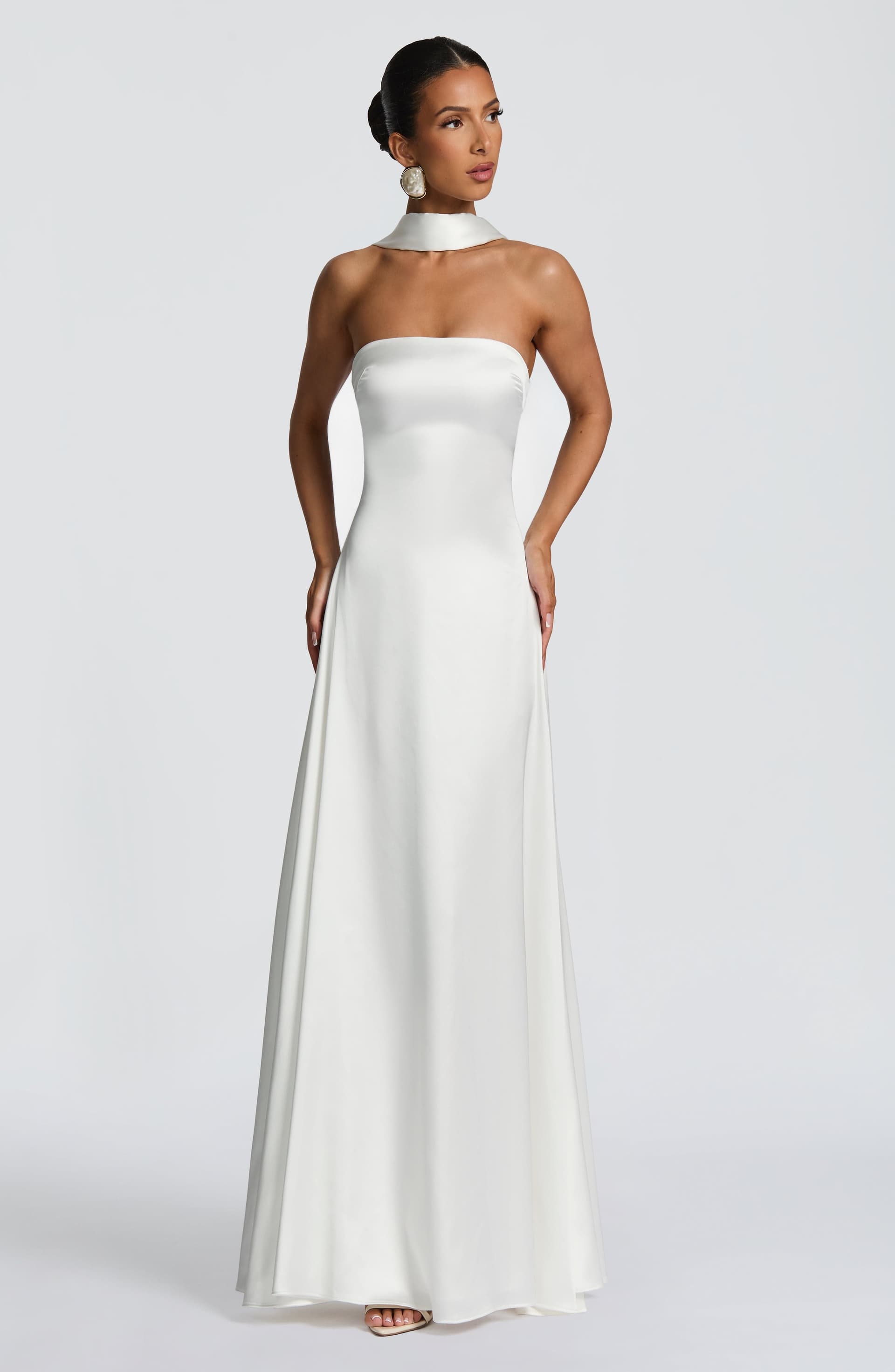 Morven Maxi Dress in Ivory - Strapless Satin A-Line with Lace-Up Back