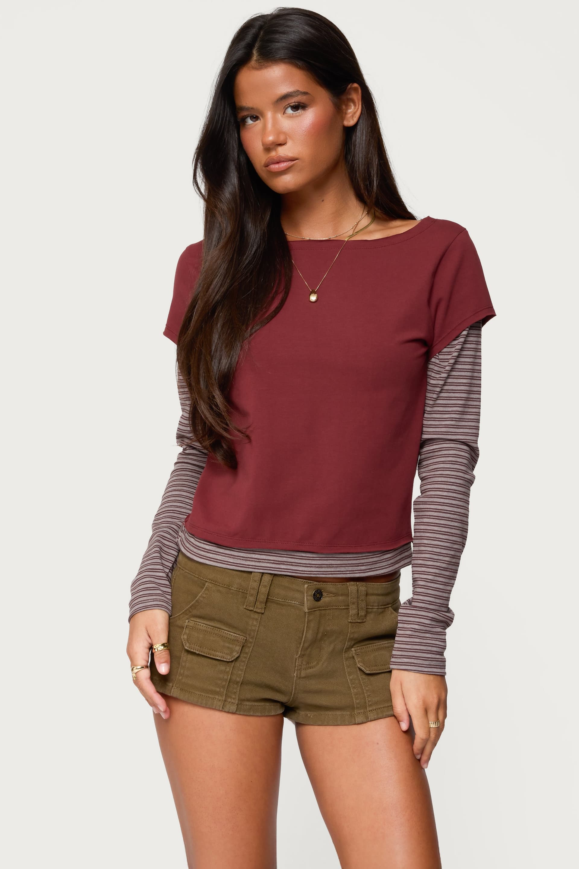 Layered Striped Long Sleeve T-Shirt Cotton Spandex Women's Top