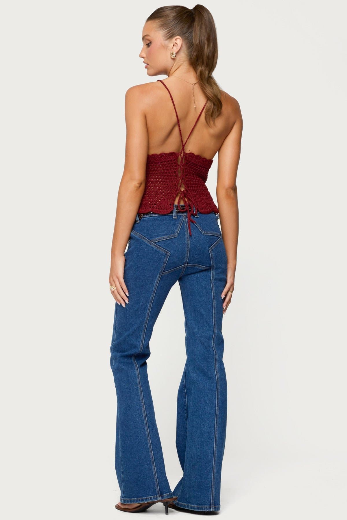 Delila Crochet V Neck Top with Lace Up Back Scalloped Trim Acrylic Fabric