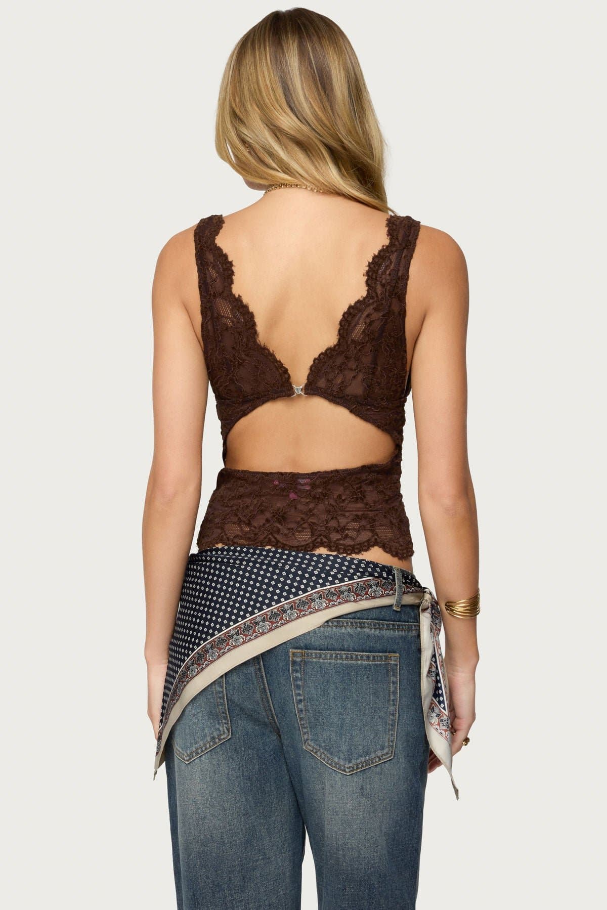 Araura Lace Velvet Floral Top - Plunging Neckline, Back Cutout, Scalloped Trim
