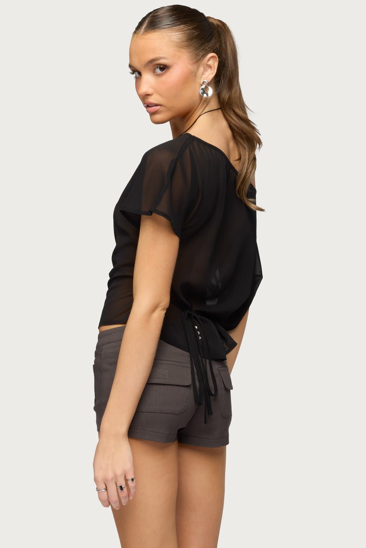 Noria Sheer Chiffon Off Shoulder Top with Back Tie Detail