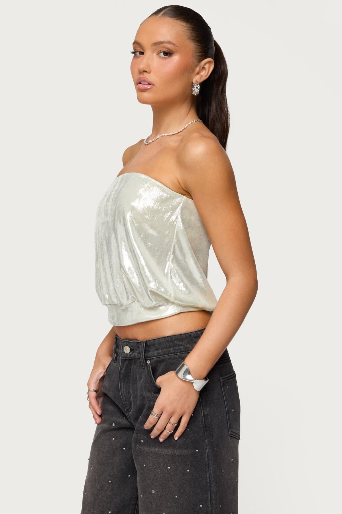 Leira Silky Sparkly Strapless Top with Cinched Waistband Polyester Spandex