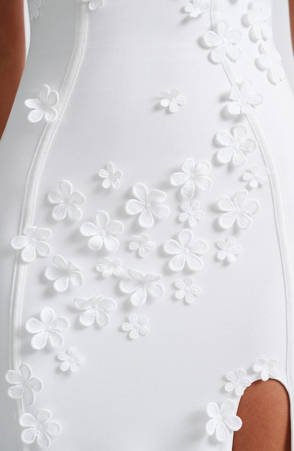 Dalary Maxi Dress Ivory Lined Sheer Mesh Flower Applique Thigh High Split