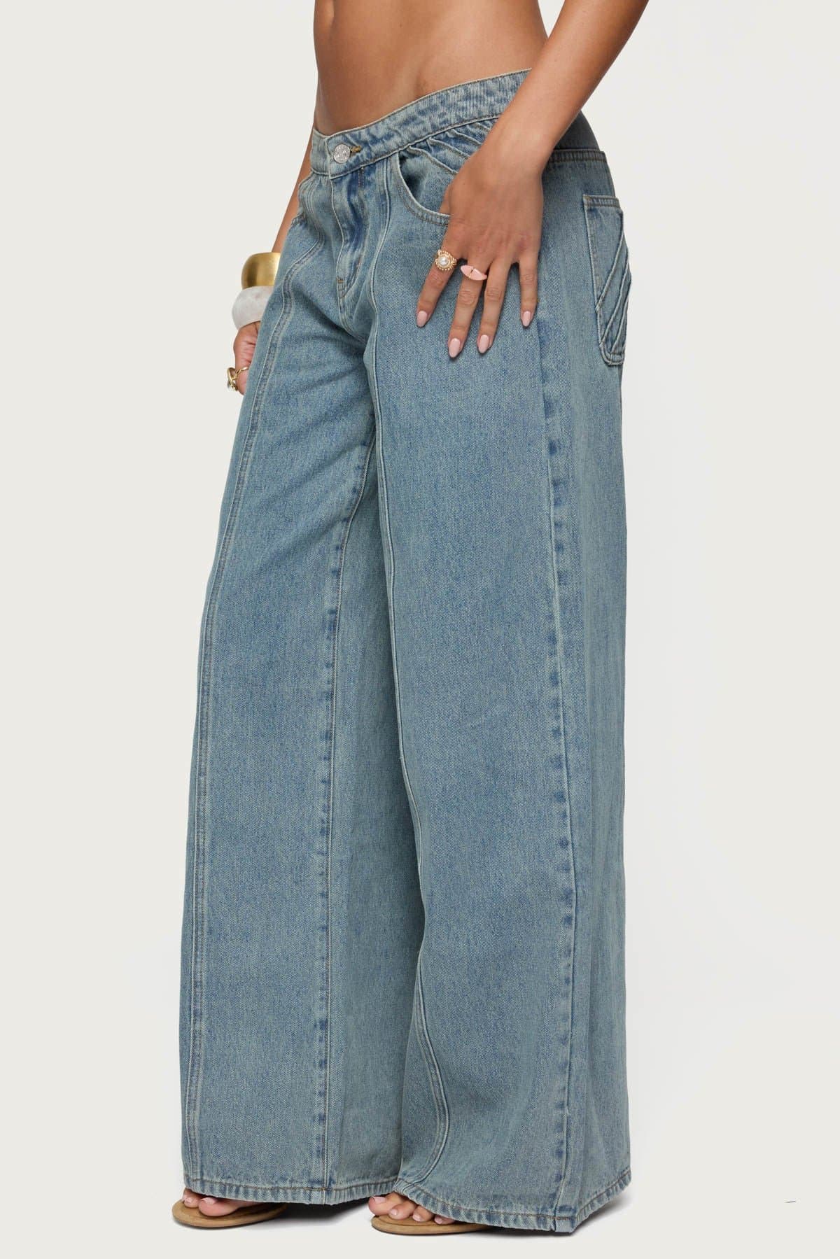 Stitch & Pleat Low Rise Baggy Jeans in Rigid 100% Cotton Denim