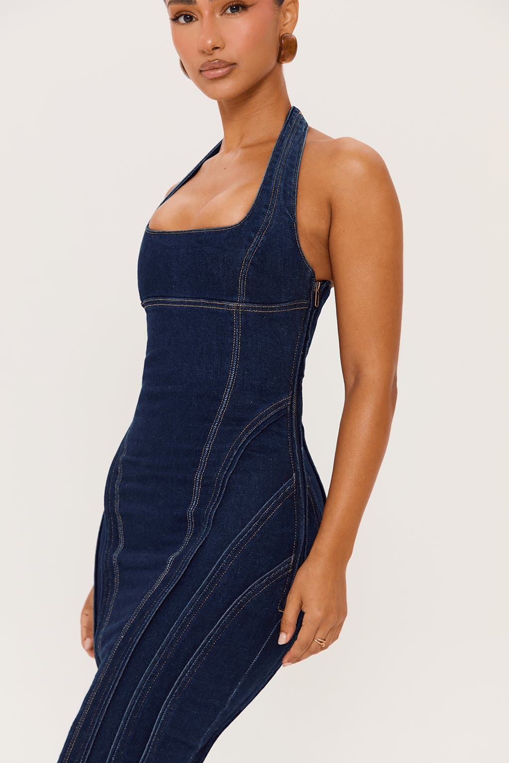 Curve Maxi Dress Square Neck Halter Adjustable Strap True Denim