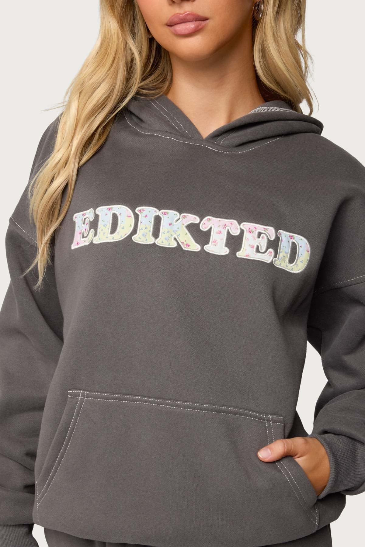 Mili Edikted Hoodie - Polyester Cotton Kangaroo Pocket Micro Floral Embroidery