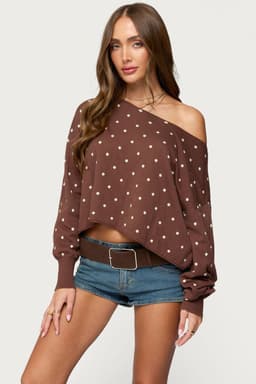 Oversized Off Shoulder Polka Dot Sweater 100% Cotton Knit