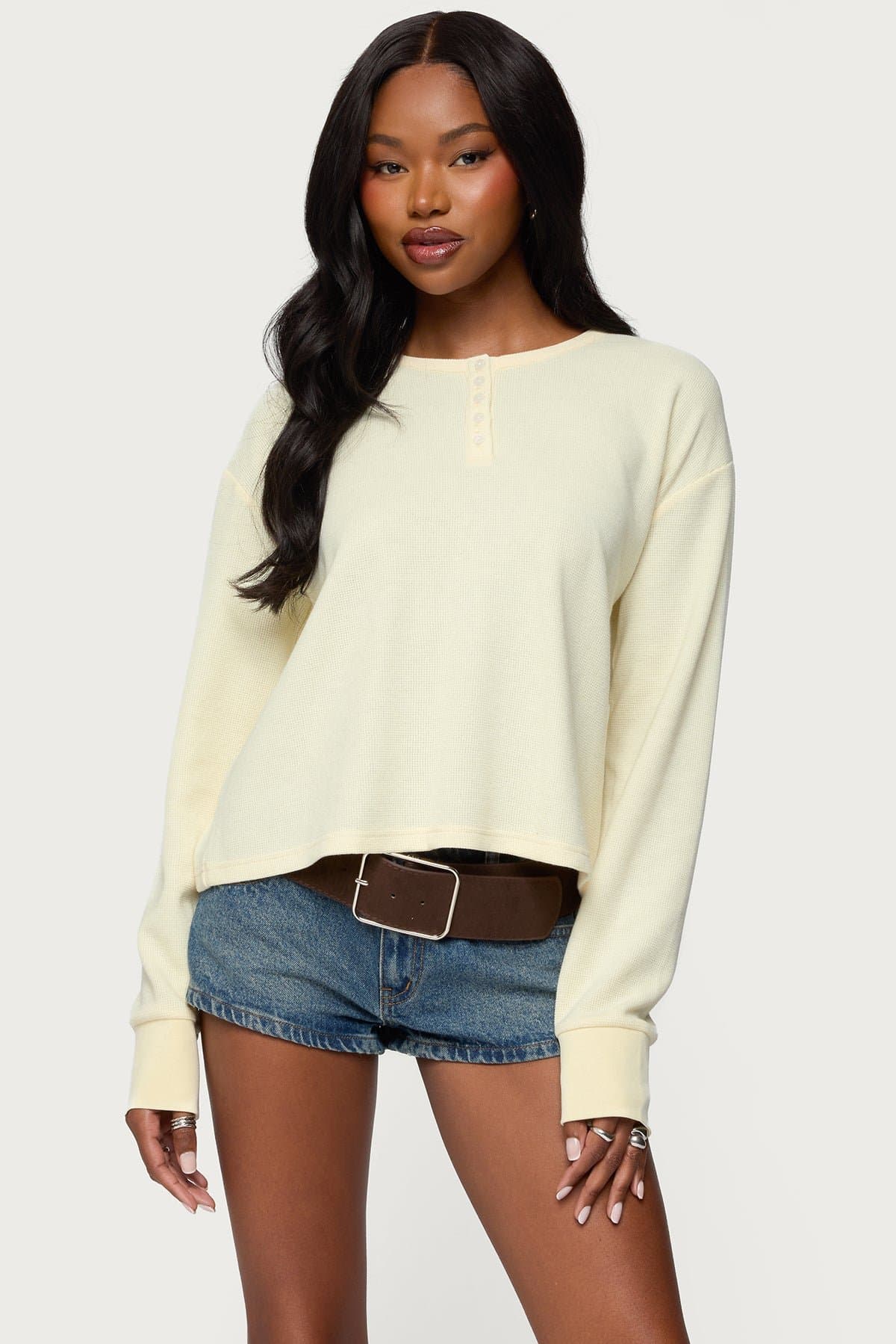 Deni Long Sleeve Henley Waffle Top - Polyester Cotton Spandex Blend