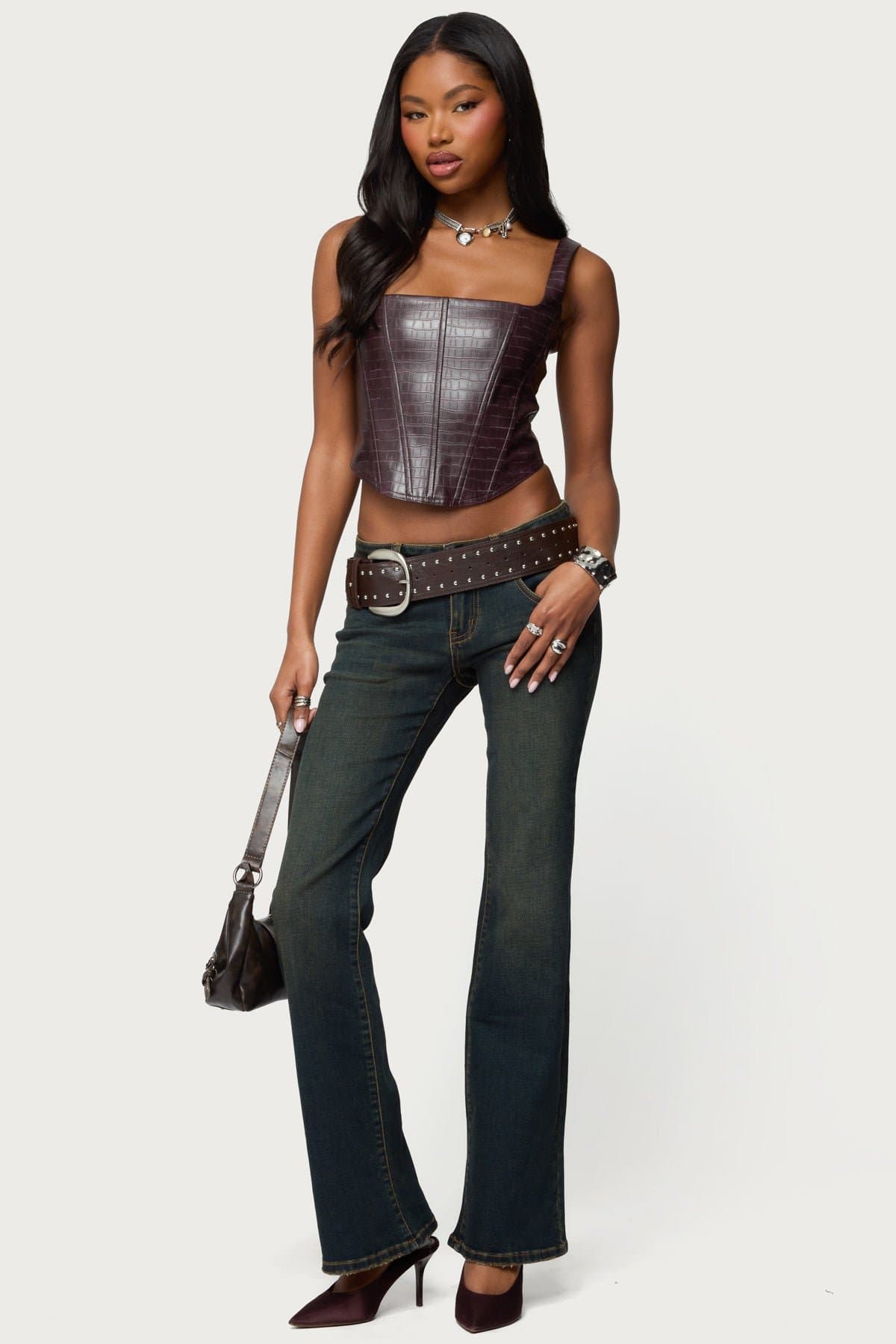Shana Faux Croc Leather Corset Square Neckline Boned Bodice Lace Up Back Polyurethane Rayon
