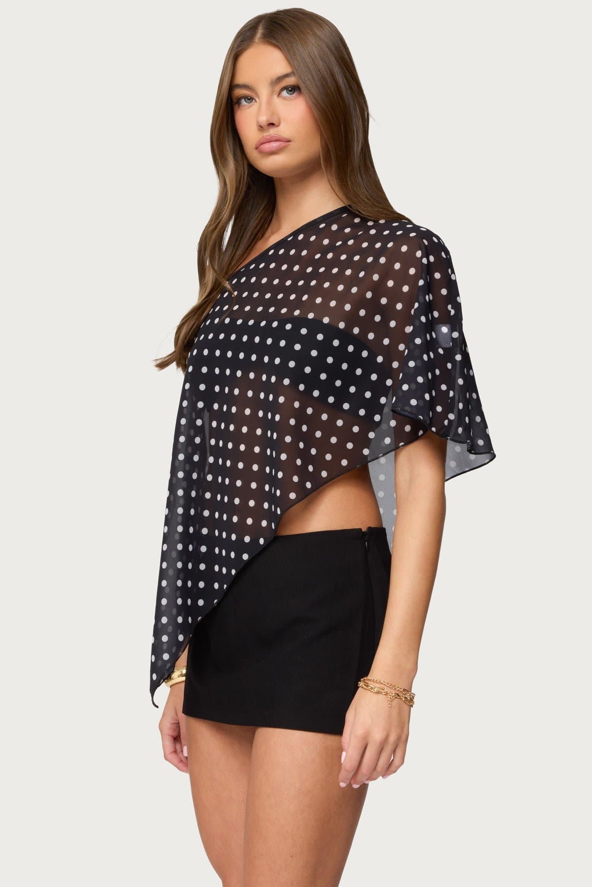 Sheer Chiffon Asymmetric Polka Dot Poncho Off-Shoulder