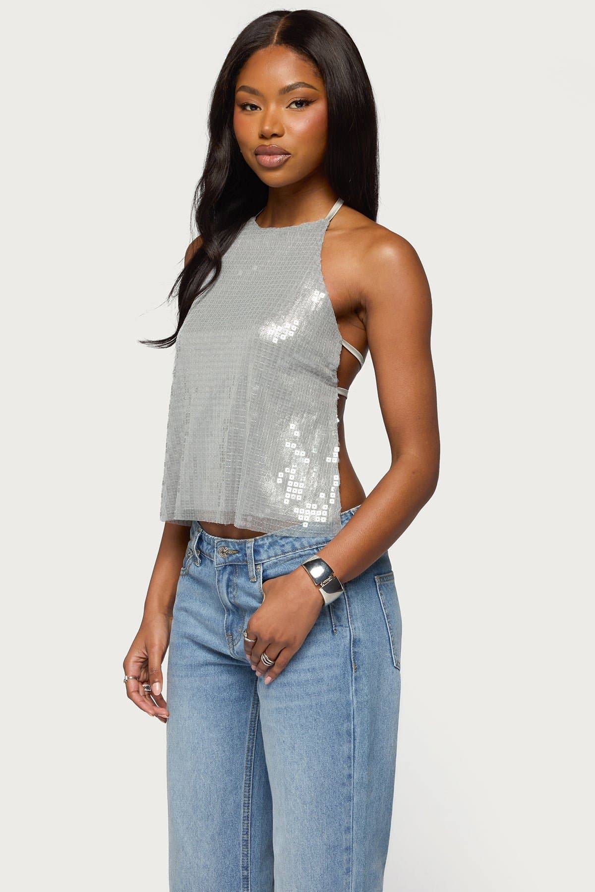 Itara Sequin Backless Halter Top with Open Back and Adjustable Straps