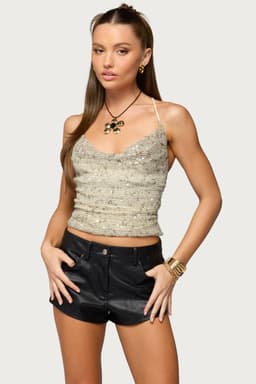 Sequin Crisscross Backless Cowl Neck Top - Polyester Open Back Tie Closure