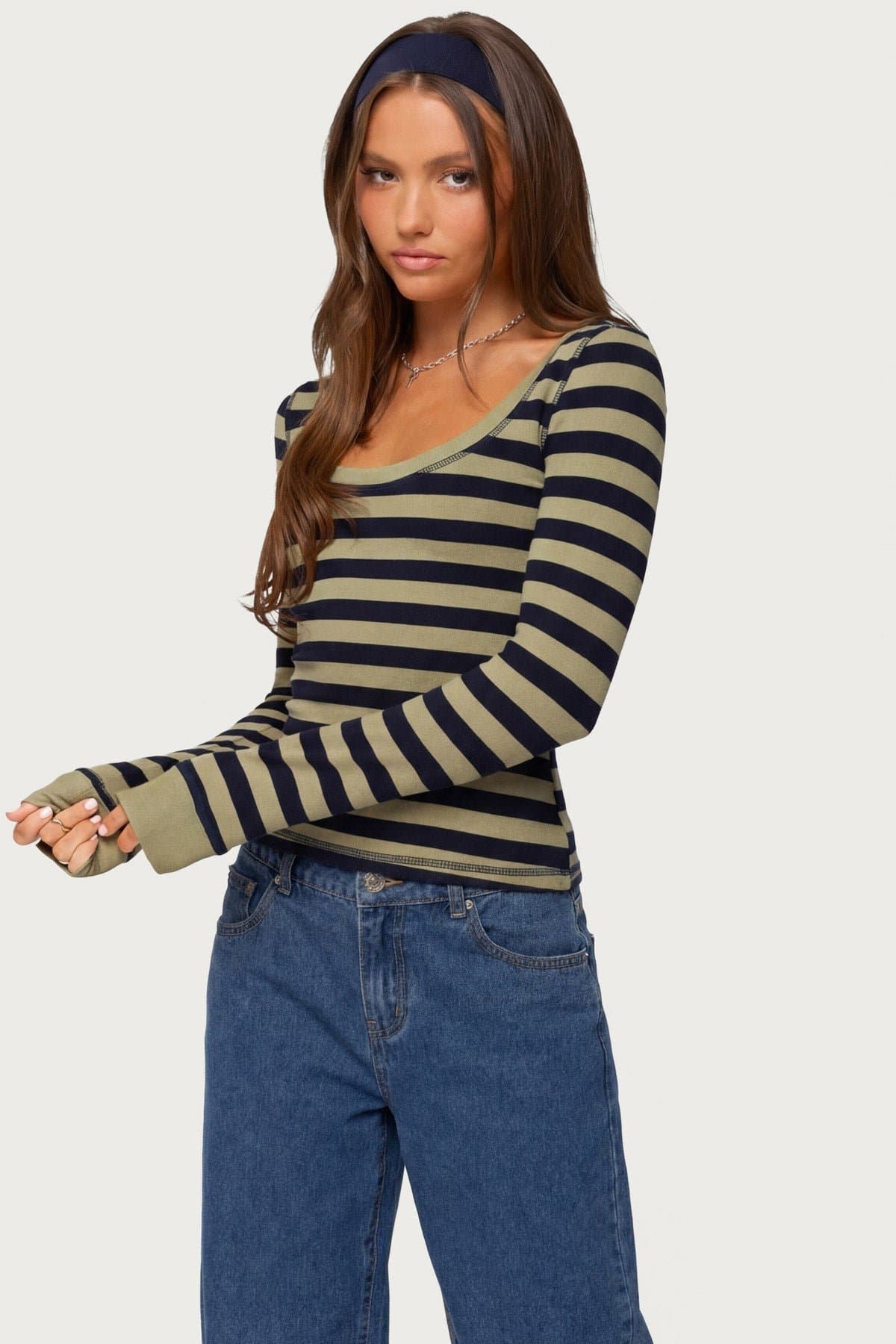Rainey Striped Long Sleeve Top - Cotton Spandex Scoop Neck