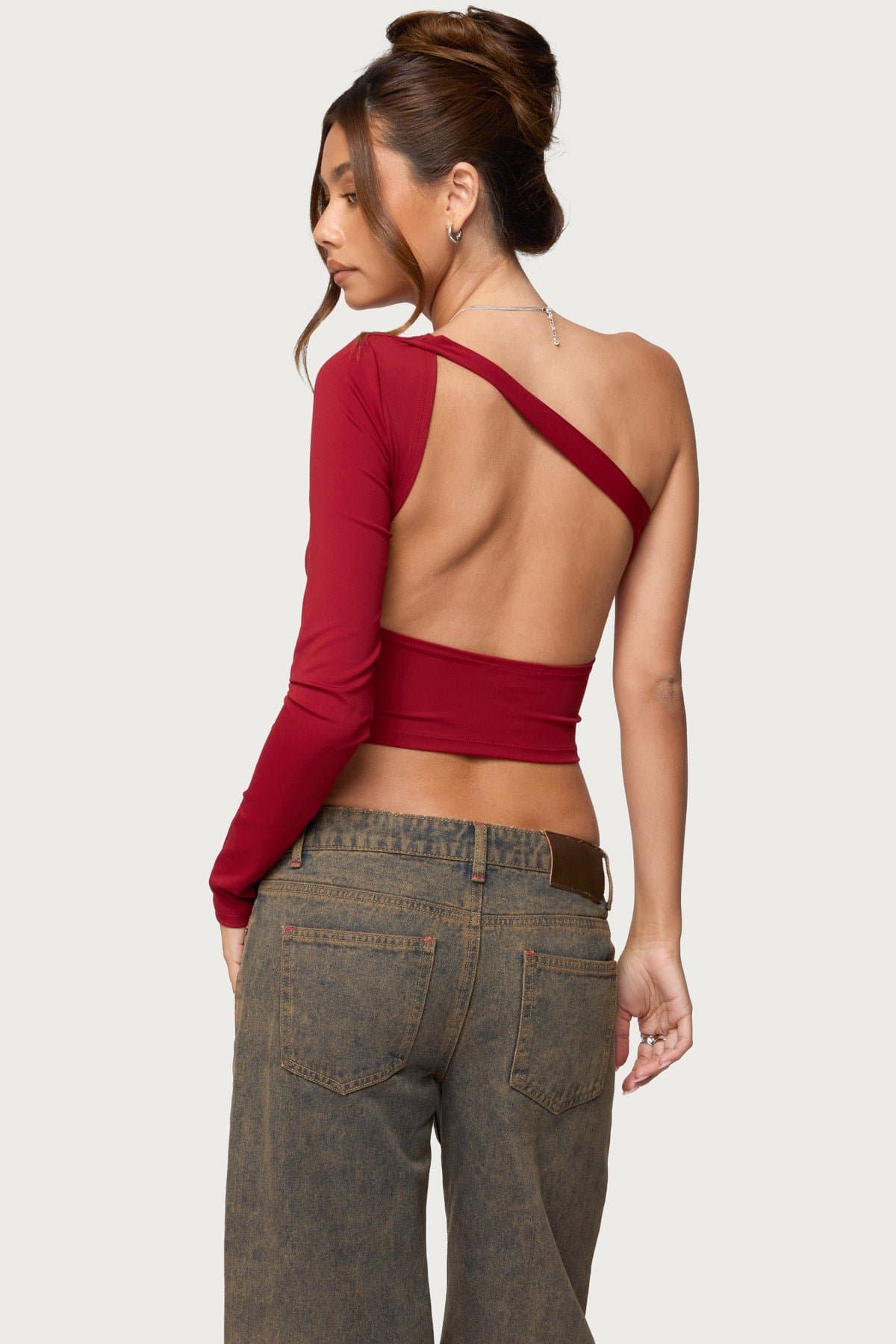 Mila Asymmetric Backless One Shoulder Long Sleeve Top - Polyester Spandex
