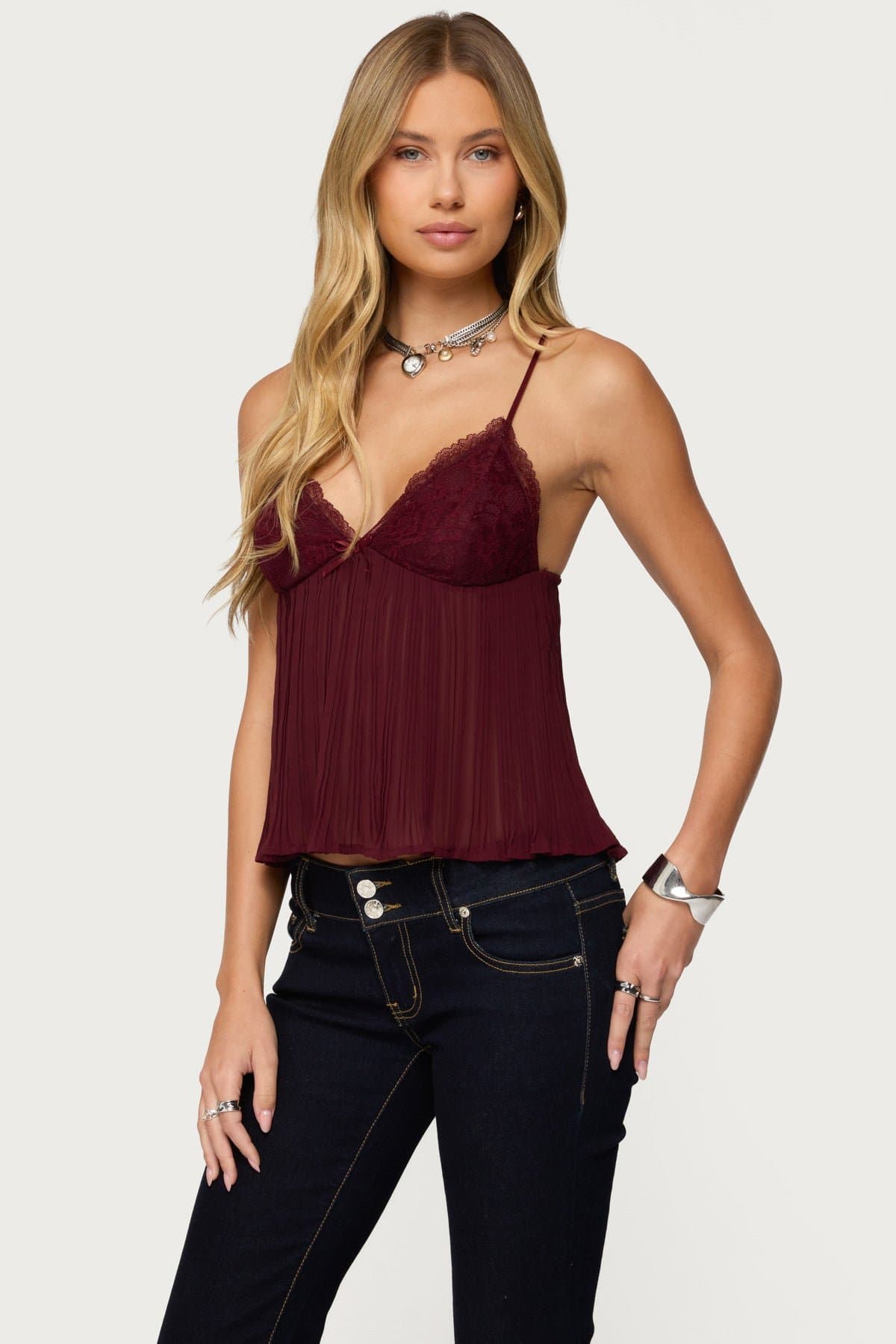 Rhian Lacey Pleated Babydoll Top with Adjustable Straps, Lace Bust, Chiffon
