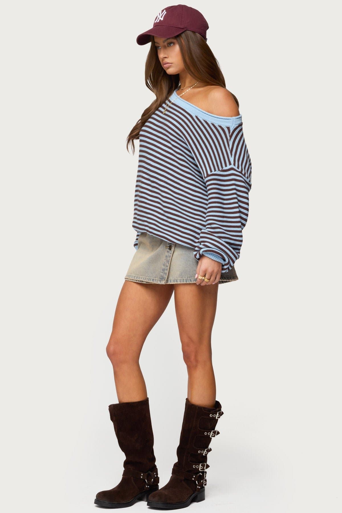 Averi Striped Oversized Off Shoulder Sweater - 100% Cotton Knit