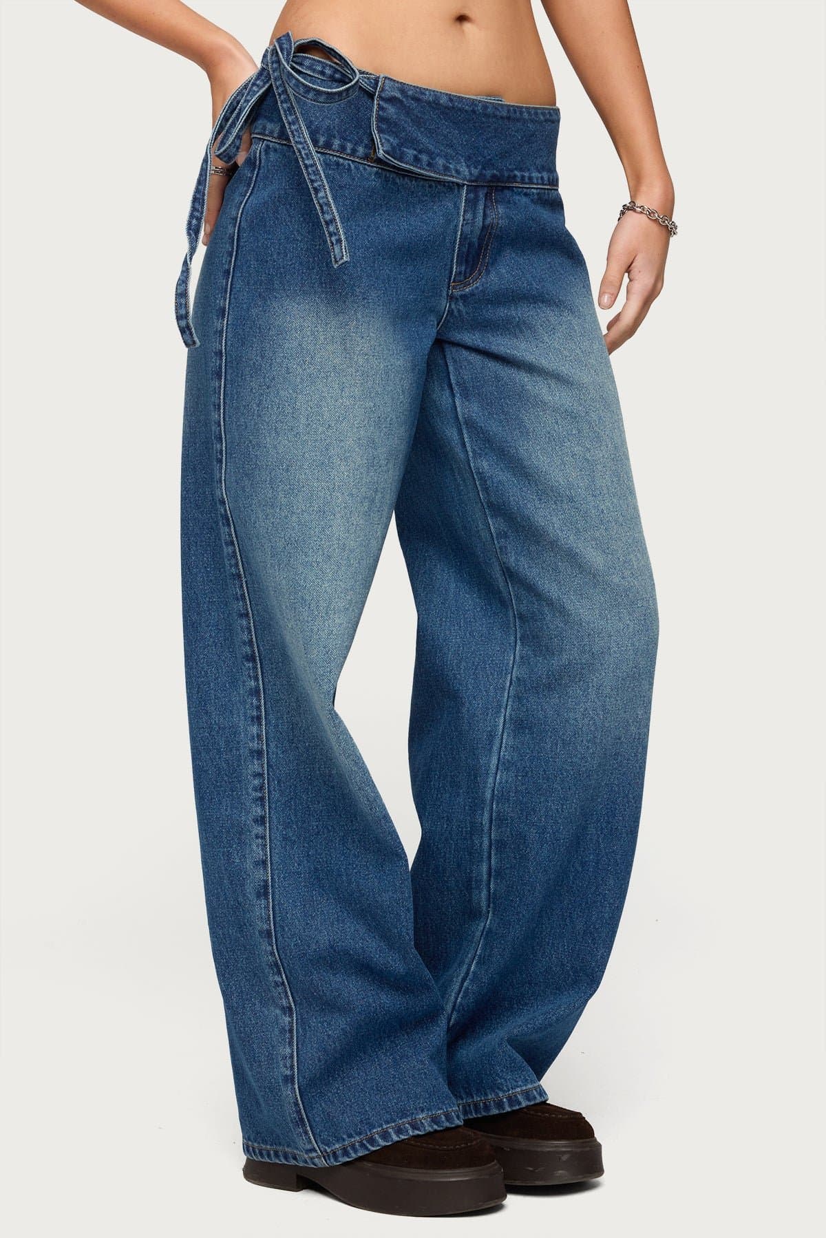 Cleo Tie Waist Low Rise Baggy Jeans 100% Cotton Rigid Denim