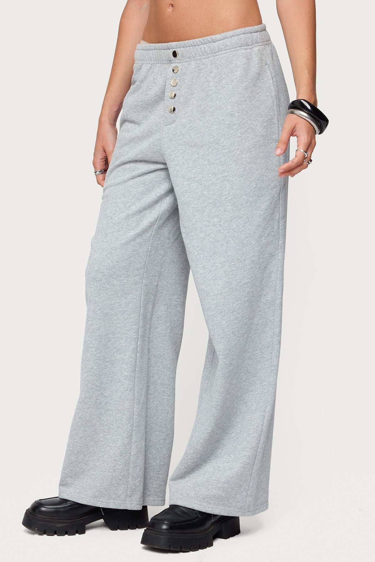 Lorelle Wide Leg Sweatpants - Polyester Cotton Button Detail Inseam 29.9in Size S