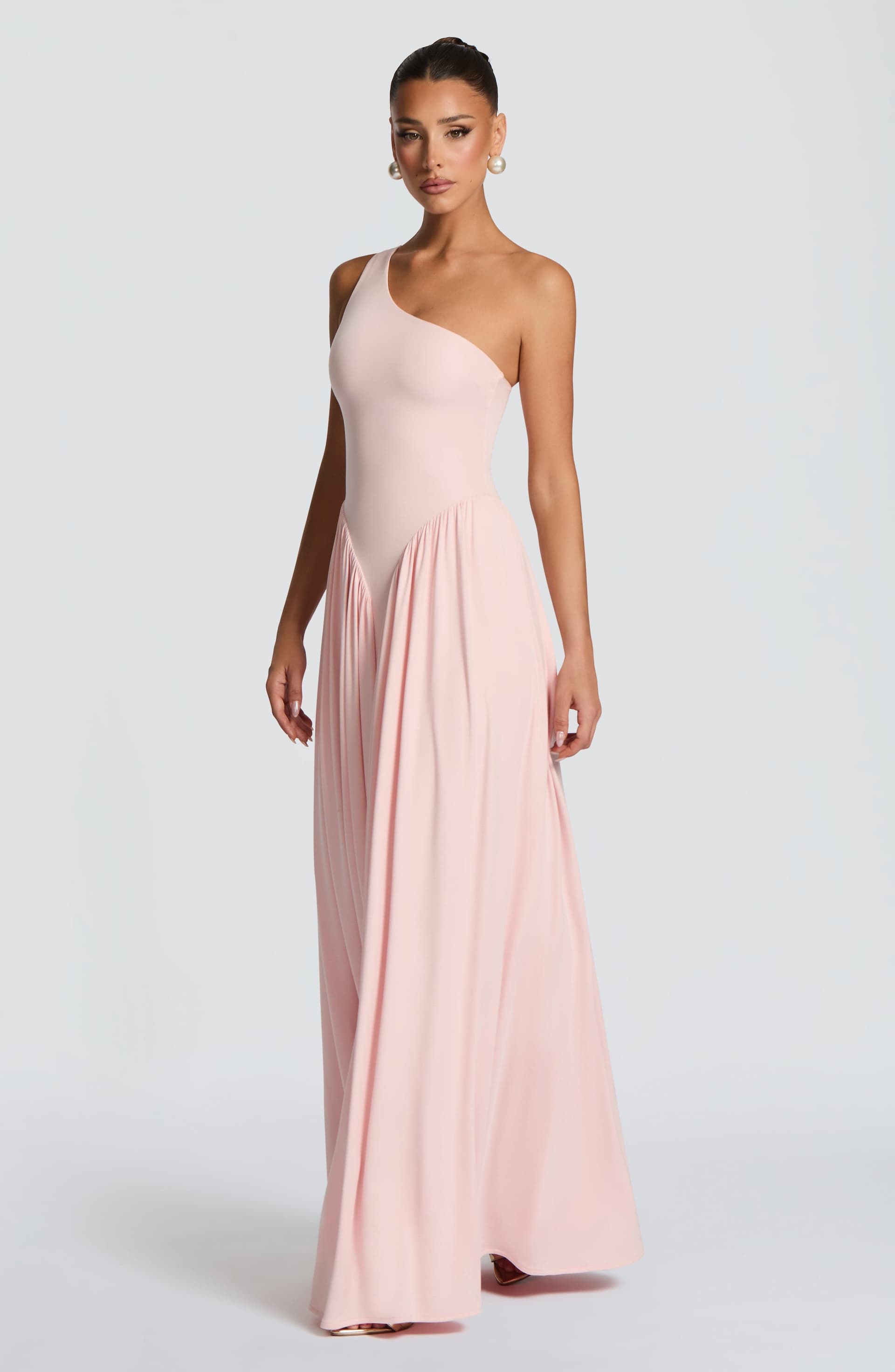 Vespera Maxi Dress in Soft Blush - One Shoulder Modal Jersey Gown