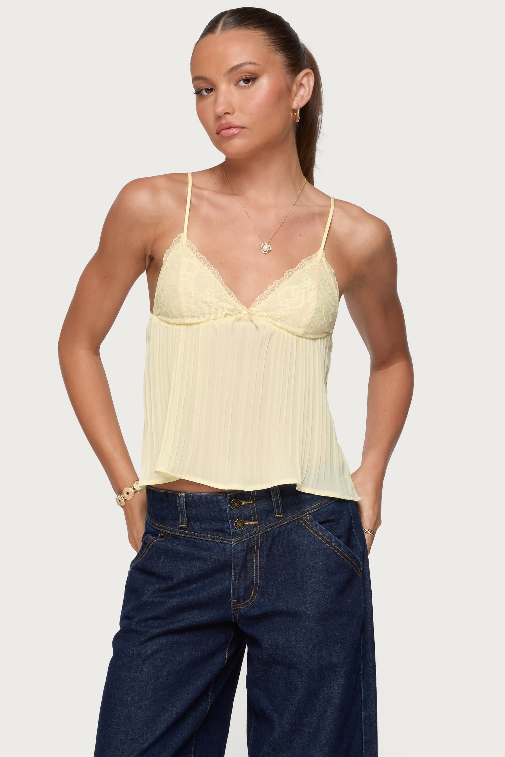 Rhian Lacey Pleated Babydoll Top with Adjustable Straps, Lace Bust, Chiffon Polyester Spandex