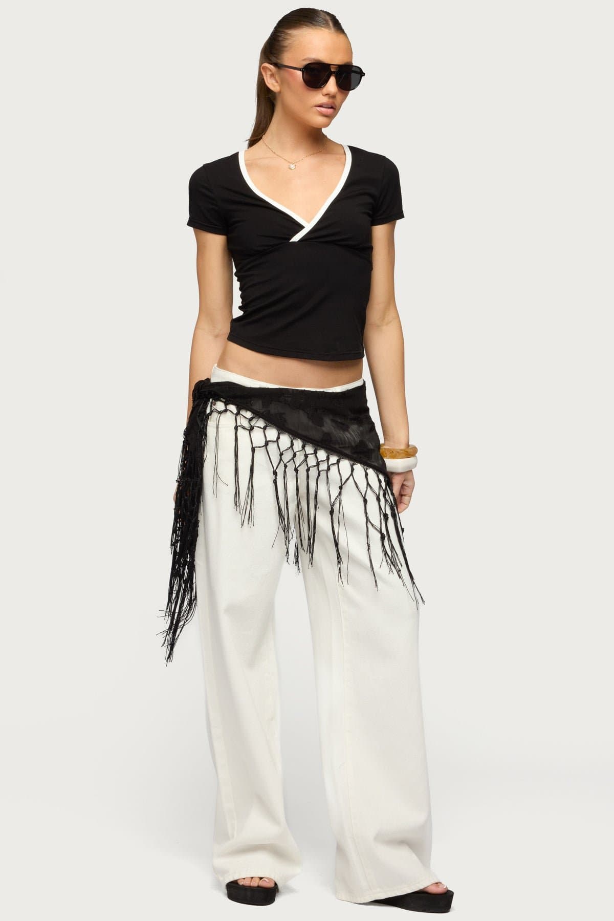 Yulenna Contrast V Neck Top with Wrap Detail - Cotton Spandex