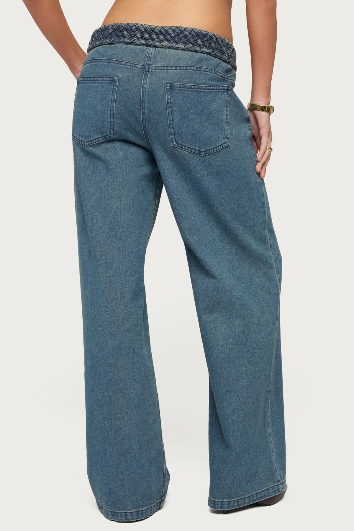 Braidey Low Rise Baggy Jeans - Rigid Cotton Denim with Braided Waistband
