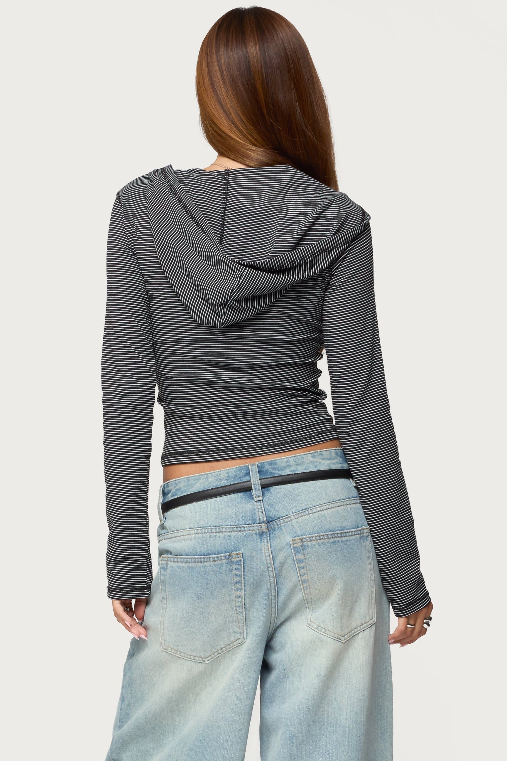 Damson Striped Hooded Henley Top - Long Sleeve Cotton Polyester Spandex Blend