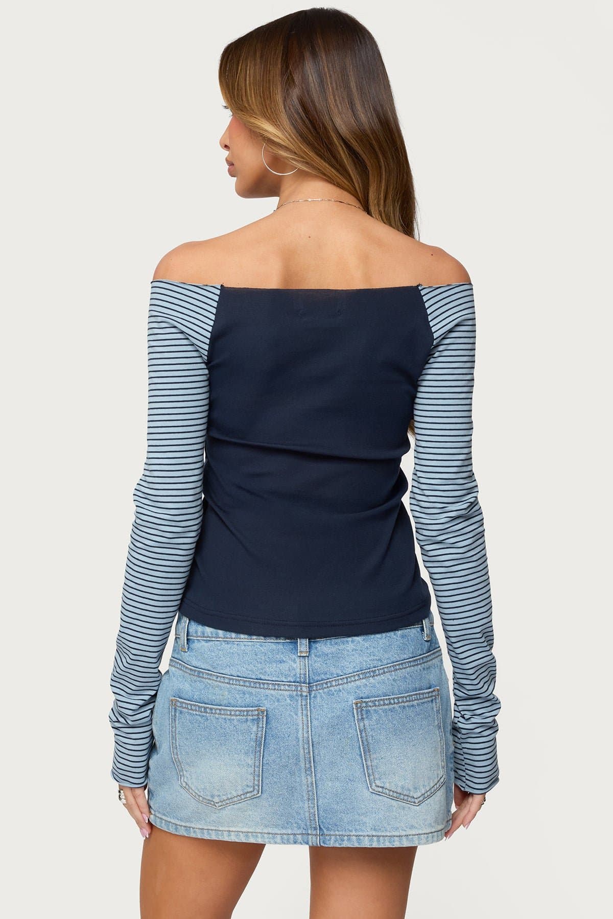 Rion Contrast Striped Off Shoulder Long Sleeve Top - Cotton Spandex