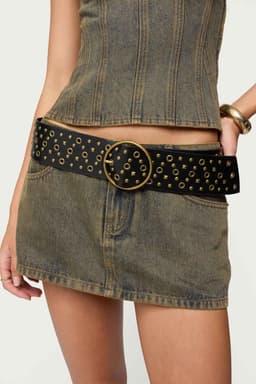 Stud & Grommet Faux Leather Belt with Circle Buckle 45.3" Gold Tone Metal