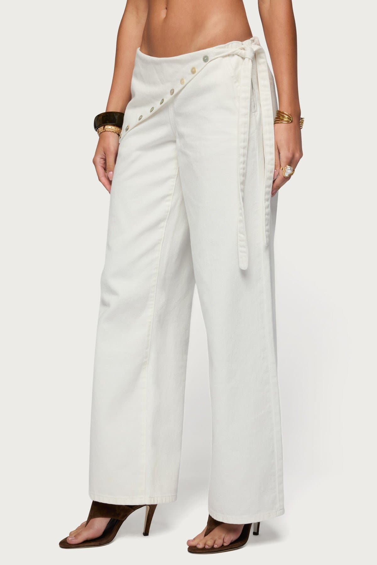 Button Foldover Low Rise Baggy Jeans - Rigid Cotton Denim, Side Zip