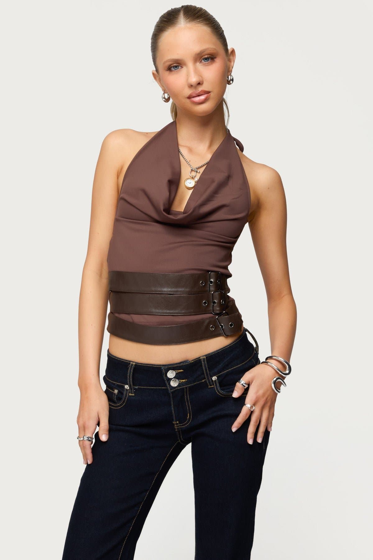 Buckle Cowl Neck Backless Halter Top with Neck Back Ties Polyester Spandex