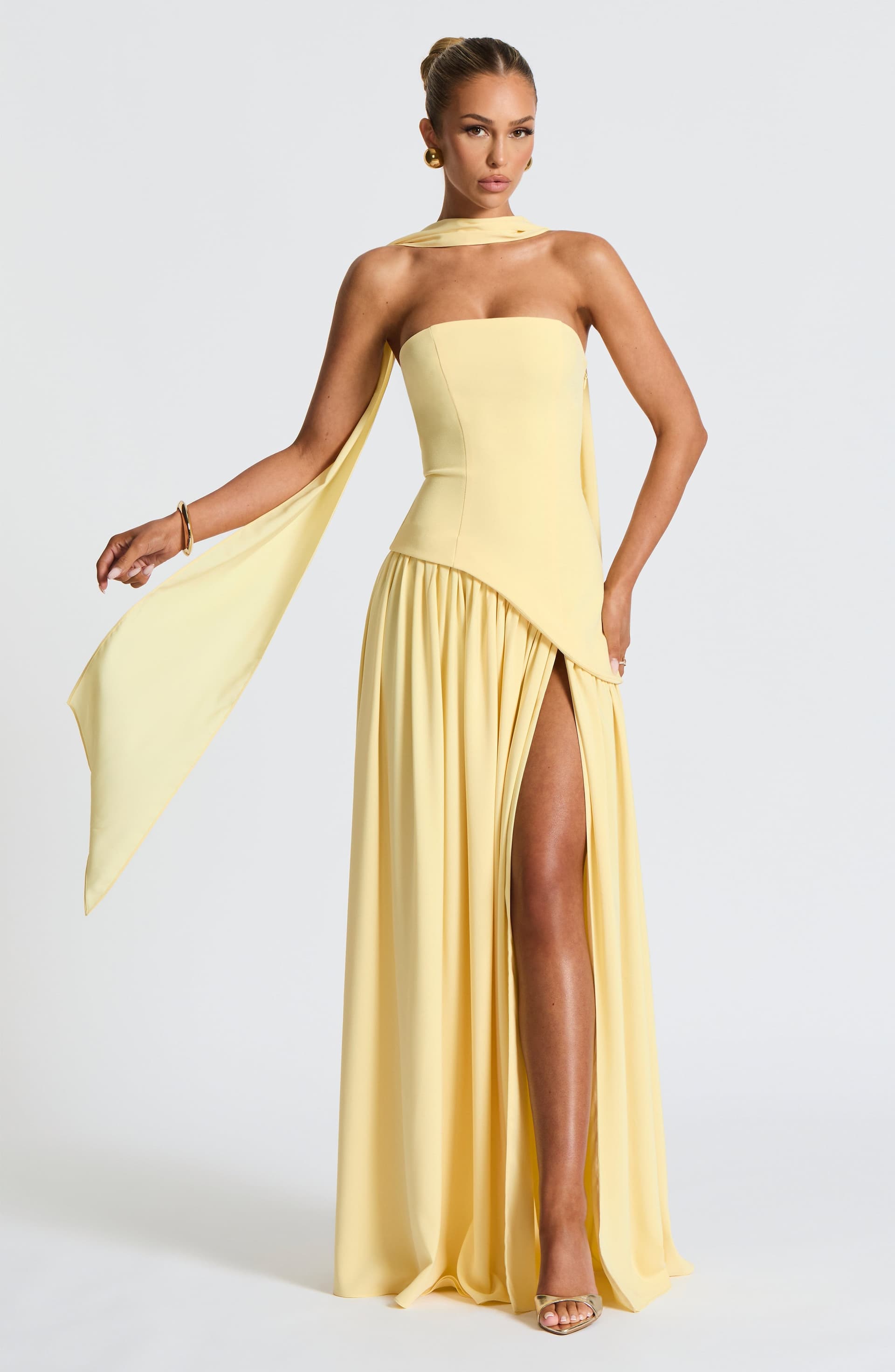Maliyah Maxi Dress Lemon Crepe Bodice Chiffon Skirt Thigh High Split