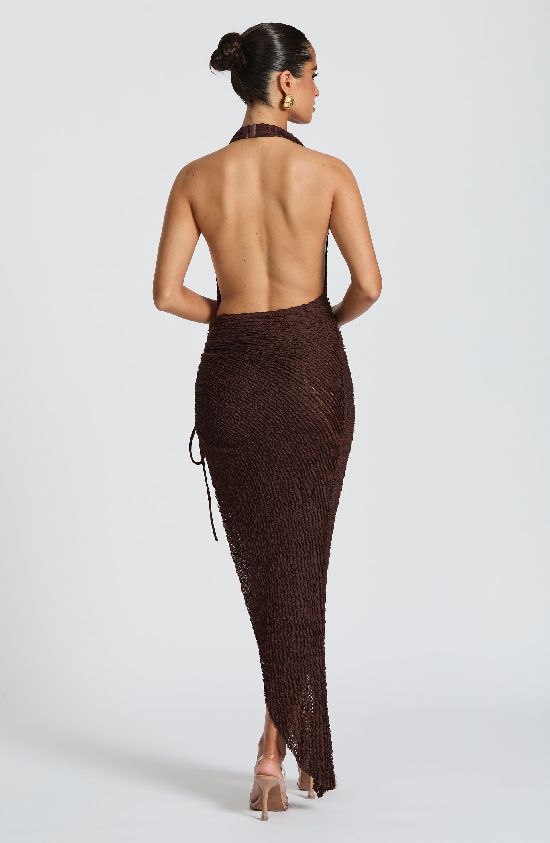 Airla Midi Dress Plum Brown Textured Fabric Plunge Cowl Neck Backless