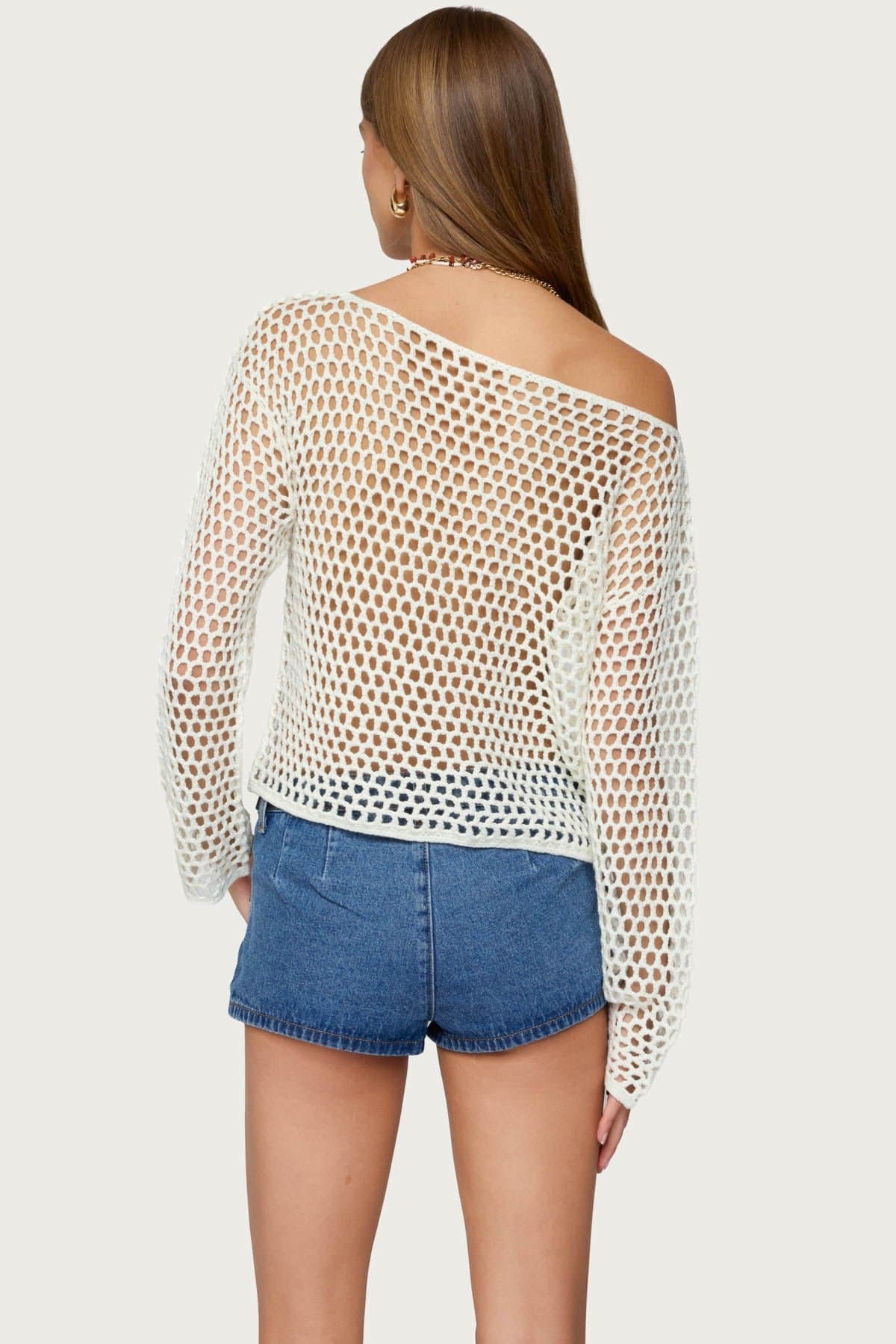Kalley Off Shoulder Crochet Top Long Sleeve Acrylic