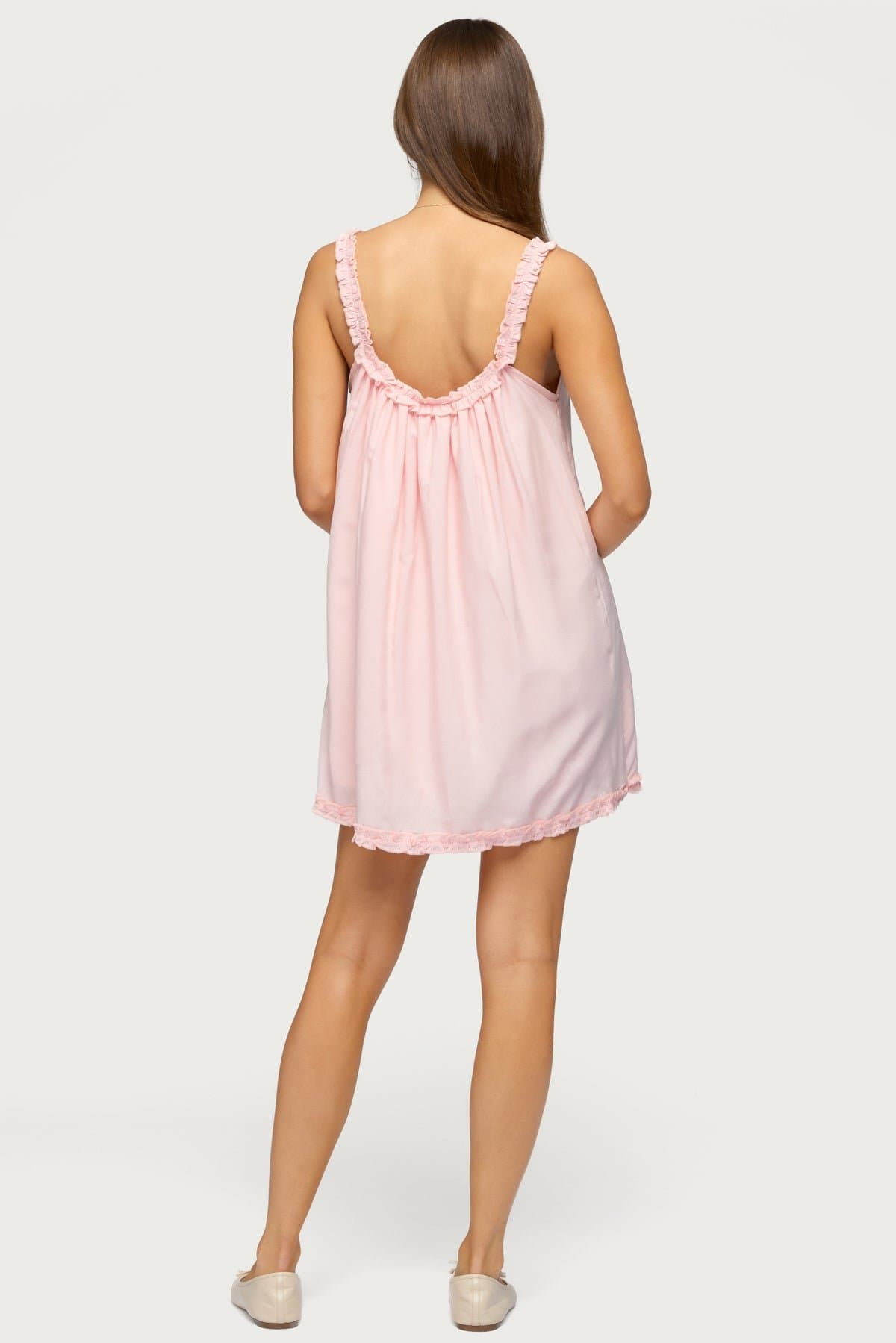 Christena Ruffle Mini Dress with Hem Trim & Center Bow Detail Rayon
