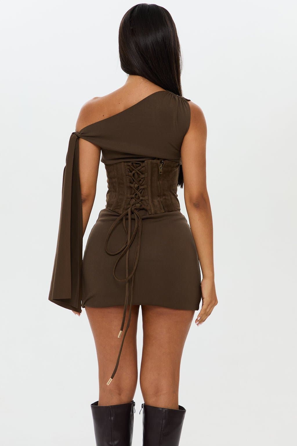 Khaki Suede Touch Underbust Corset with Drop Basque Waist - Contour
